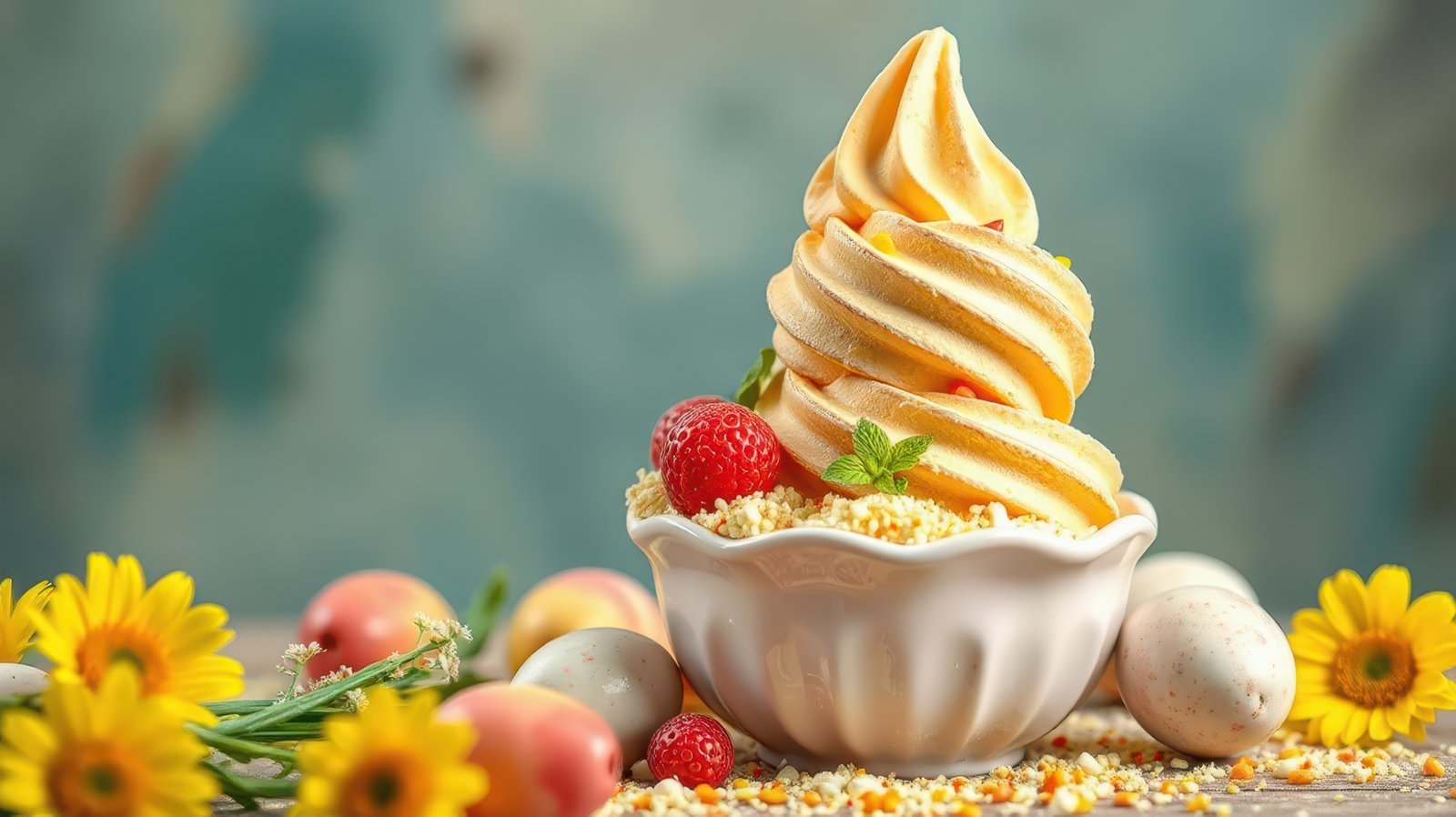 Soft serve ice cream dessert with fresh strawberries and decorative flowers arranged on a rustic wooden table